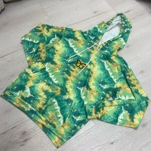 Green and Yellow Tie-Dye Hoodie with Butterfly Patch